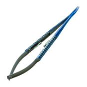 Castroviejo Needle Holder, Titanium, Gently Curved, Medium 11mm Jaws, With Lock, Round Grooved Handle, Overall Length 5-3/8" (137mm) 